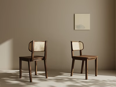 Natural Solid Wood Rattan Back Dining Chairs For Warm Minimalist Home Dining Room Interior Design 3d model