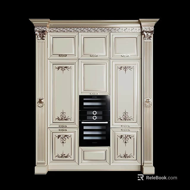 Classic Light Colored Kitchen Cabinets With Intricate Carvings And Built In Oven 3d model 