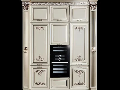 Classic Light Colored Kitchen Cabinets With Intricate Carvings And Built In Oven 3d model
