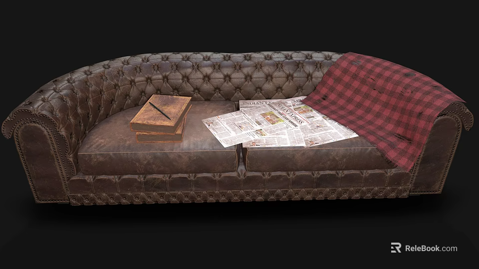 Vintage Tufted Leather Double Sofa With Book Newspapers And Red Plaid Blanket 3d model 