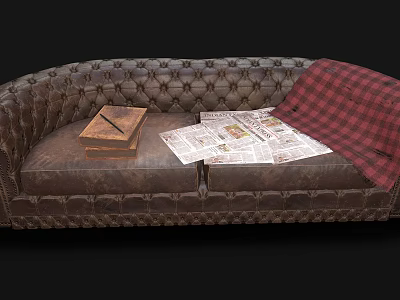 Vintage Tufted Leather Double Sofa With Book Newspapers And Red Plaid Blanket 3d model