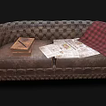 Vintage Tufted Leather Double Sofa With Book Newspapers And Red Plaid Blanket