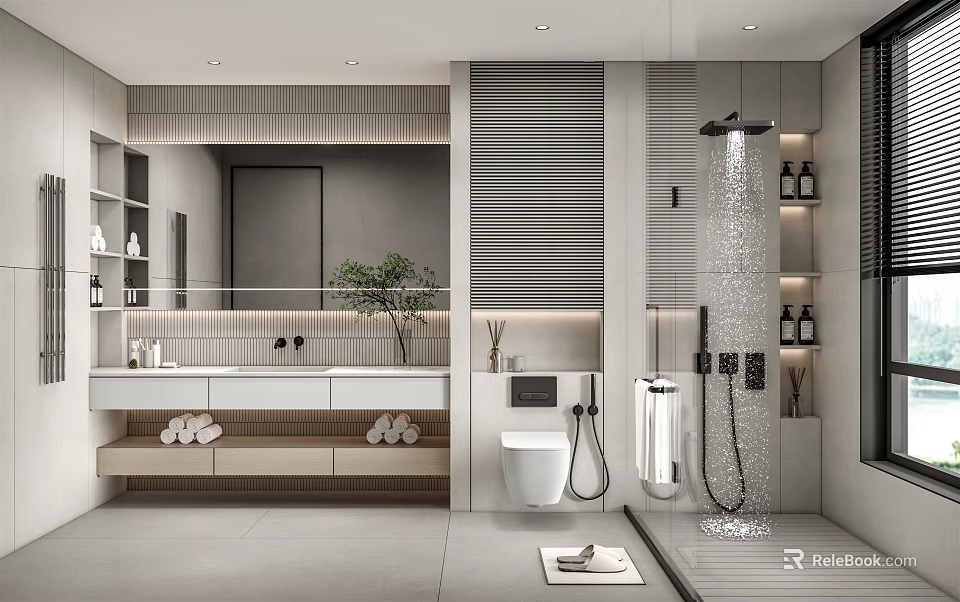Modern Bathroom Interior Features Vanity Mirror Toilet Shower Cabinets And Decorative Plant 3d model 