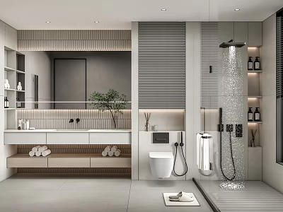 Modern Bathroom Interior Features Vanity Mirror Toilet Shower Cabinets And Decorative Plant 3d model