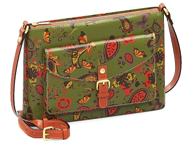 Green Bag With Floral And Butterfly Patterns Brown Leather Accents And Shoulder Strap 3d model