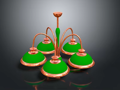 Vintage Copper Chandelier With Green Shades And Five Light Fixtures 3d model