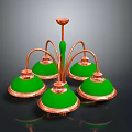 Vintage Copper Chandelier With Green Shades And Five Light Fixtures