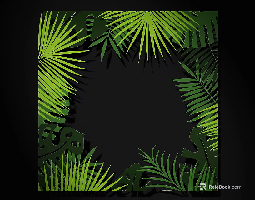Tropical Green Leaves Border Design With Natural Foliage On Black Background 3d model 