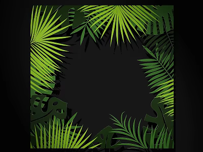 Tropical Green Leaves Border Design With Natural Foliage On Black Background 3d model
