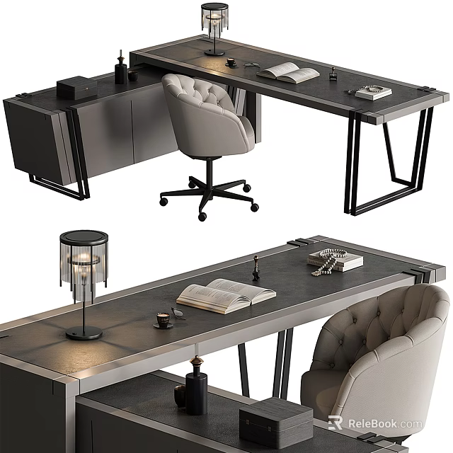 Modern Home Office Desk With Comfortable Chair Table Lamp And Open Book 3d model 