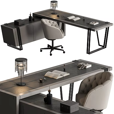Modern Home Office Desk With Comfortable Chair Table Lamp And Open Book 3d model