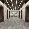 Modern Elevator Lobby With Linear Ceiling Lights And City Decor 3d model