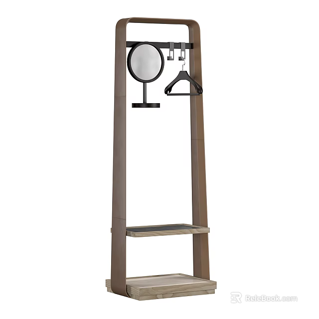 Practical Wooden Entryway Side Cabinet With Round Mirror Hooks And Shelves 3d model 