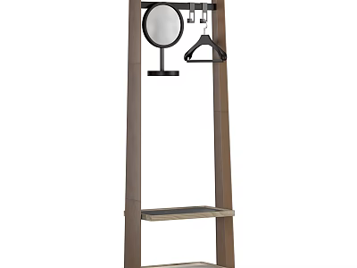 Practical Wooden Entryway Side Cabinet With Round Mirror Hooks And Shelves 3d model
