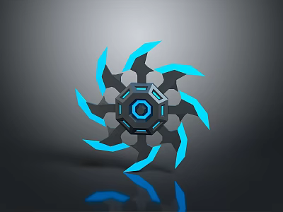 Futuristic Star Shaped Weapon With Blue Blades Central Hexagon Black Body Reflection On Dark Surface 3d model