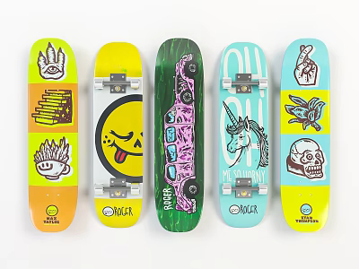 Colorful MOTA Skateboards With Various Graphics Like Hand Print Smiley Unicorn And Skull 3d model
