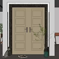 Light Beige Double Doors With Decorative Frame In Home Entrance And Green Plant