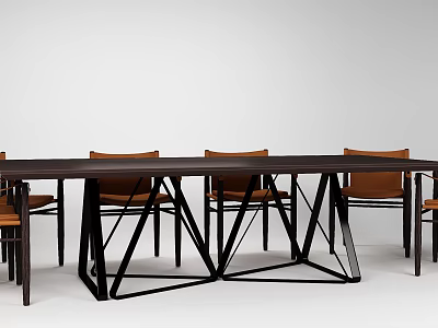 Modern Dining Table Set With Wooden Tabletop And Metal Frame Brown Chairs 3d model