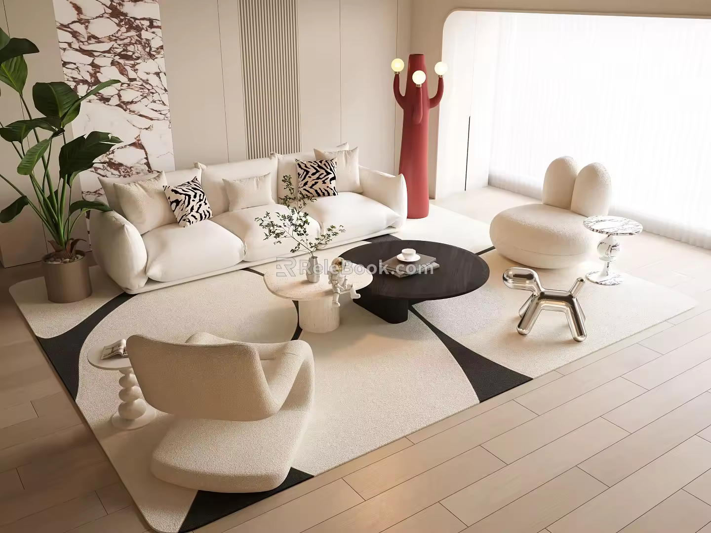 Modern Cream Style Sofa Coffee Table Combination Modern Cream Double Sofa Cream Style Floor Lamp Cream Style Carpet Modern Casual Single Sofa 3d model
