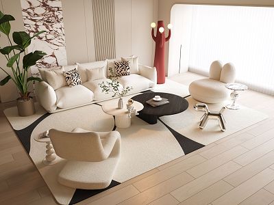 Modern Cream Style Sofa Coffee Table Combination Modern Cream Double Sofa Cream Style Floor Lamp Cream Style Carpet Modern Casual Single Sofa model