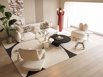 Modern Cream Style Sofa Coffee Table Combination Modern Cream Double Sofa Cream Style Floor Lamp Cream Style Carpet Modern Casual Single Sofa 3d model