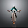 Child In Green Top And Beige Long Skirt With White Headscarf Arms Outstretched