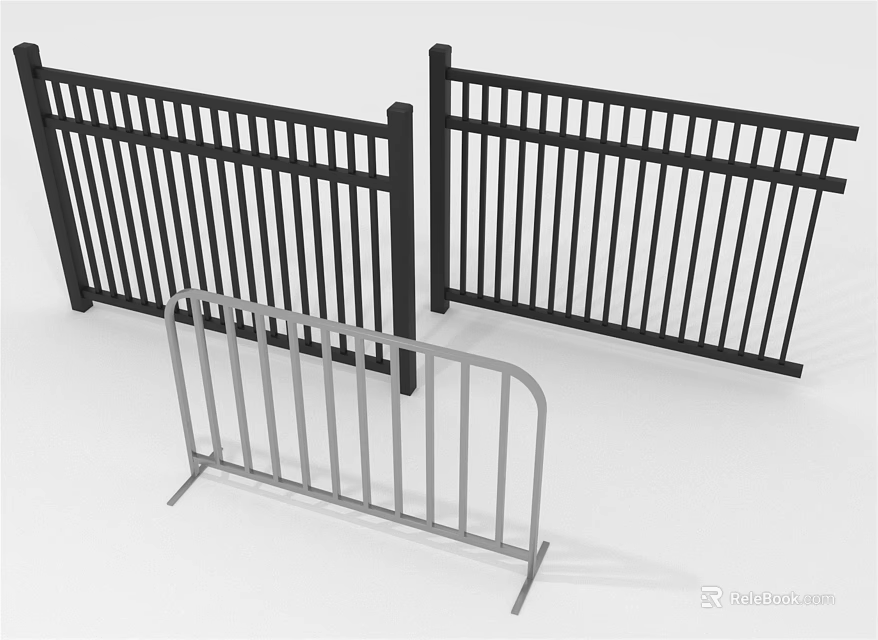 Black Metal Fence Panels And Silver Curved Temporary Barrier For Outdoor Use 3d model 