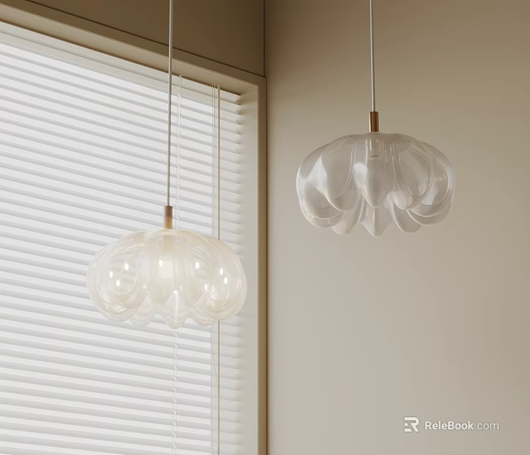Modern Flower Shaped Transparent Glass Pendant Lights In Interior With Beige Wall And Window Blinds 3d model 