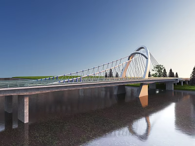 Modern Curved Bridge With Cable Stayed Structure Spanning Water Under Blue Sky 3d model