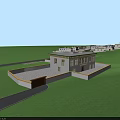 Aerial View Planning of Green Lawn with Curved Path and Wooden Recreational Structure