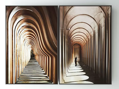 Two Panel Arched Corridor Art Prints With Warm Cool Tones And Light Shadow Effects 3d model