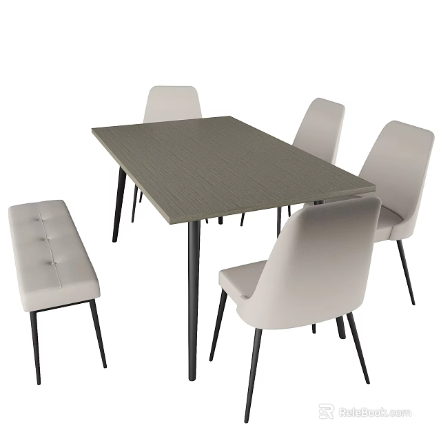 Modern Dining Table Set With Rectangular Table Light Colored Chairs And Upholstered Bench 3d model
