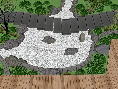 Traditional Karesansui Garden With White Gravel Stones Stone Path And Green Plants 3d model