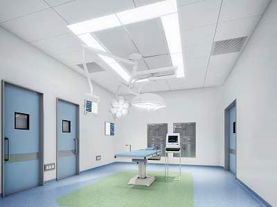 Hospital Outpatient Operating Room Interior With Surgical Table Lights Blue Doors And Medical Equipment 3d model