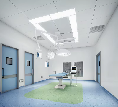 Hospital Outpatient Operating Room Interior With Surgical Table Lights Blue Doors And Medical Equipment 3d model