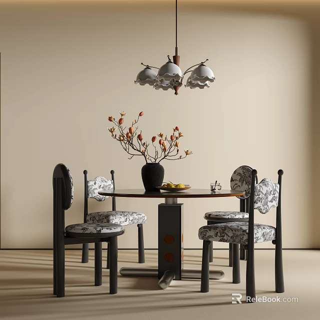 Modern Dining Table Set With Round Table Patterned Chairs Chandelier And Flower Vase 3d model 