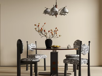 Modern Dining Table Set With Round Table Patterned Chairs Chandelier And Flower Vase 3d model