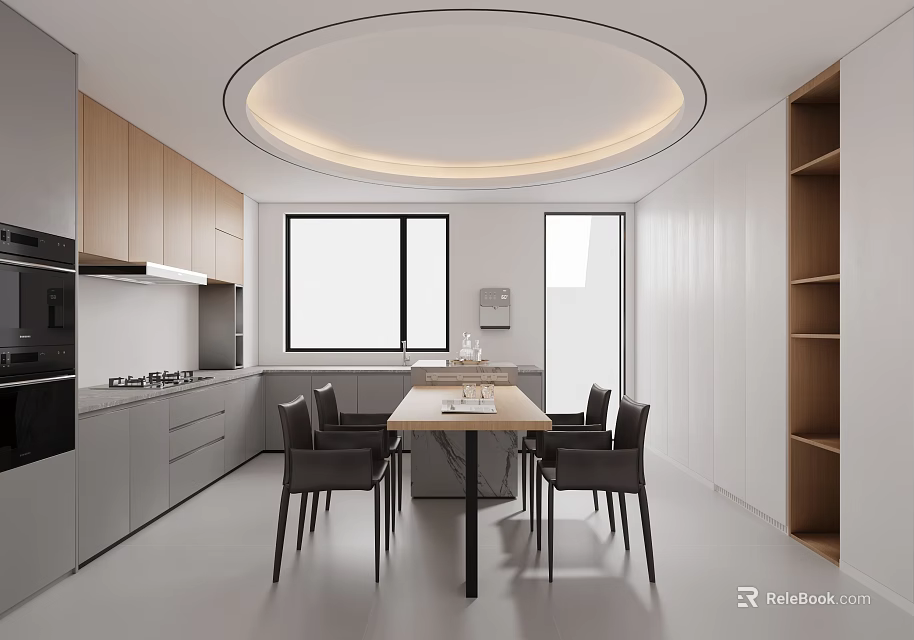 Modern Kitchen Interior With Dining Table Chairs Cabinets And Ceiling Light 3d model