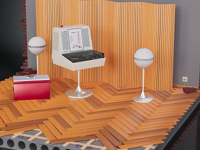 Vintage Audio Equipment Setup With Retro Radio Microphones And Red Case On Wooden Backdrop 3d model