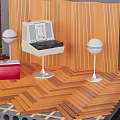 Vintage Audio Equipment Setup With Retro Radio Microphones And Red Case On Wooden Backdrop