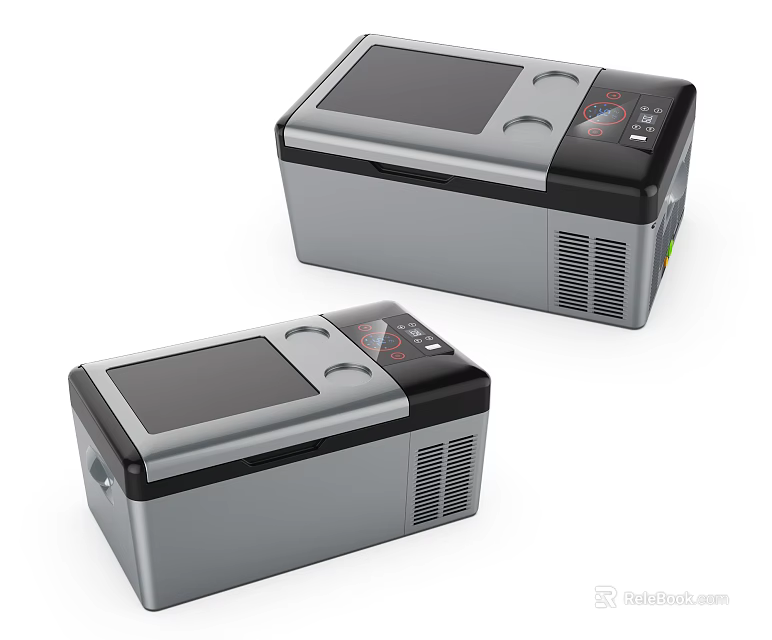 Two Modern Portable Gray Black Refrigerators With Control Panel Display Vents 3d model 