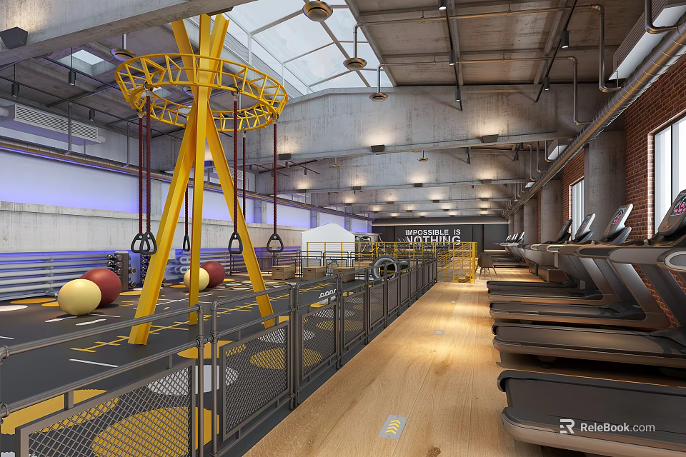 Spacious Fitness Gym Interior With Yellow Training Rig Treadmills And Exercise Balls On Wooden Flooring 3d model 