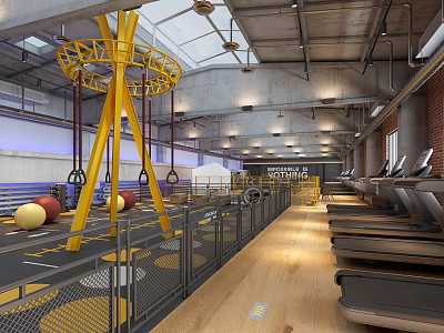 Spacious Fitness Gym Interior With Yellow Training Rig Treadmills And Exercise Balls On Wooden Flooring 3d model