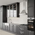 Modern Kitchen With Dark Gray Cabinets Marble Countertop Wine Rack And Brick Wall