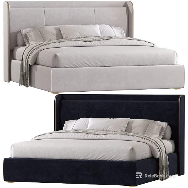 Modern Upholstered Double Bed with Velvet Headboard and Soft Neutral Bedding 3d model 