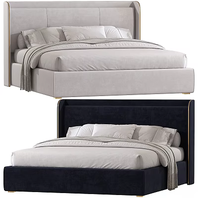 Modern Upholstered Double Bed with Velvet Headboard and Soft Neutral Bedding 3d model