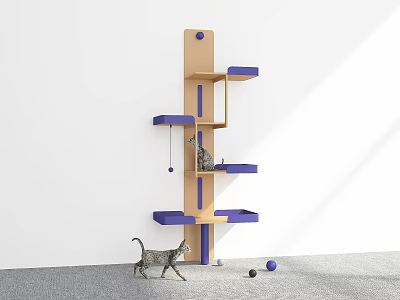 Standing Wooden Cat Tree With Multiple Blue Platforms For Playful Cats And Balls 3d model