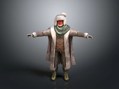 3D Character Wearing Winter Coat Green Scarf And Red Face Mask With Outstretched Arms 3d model