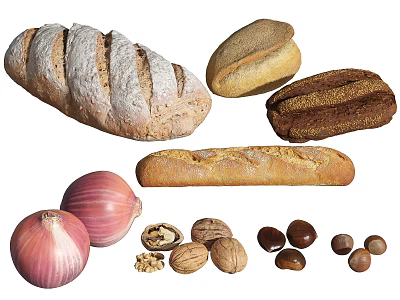 Fresh Assorted Bread Red Onions And Mixed Nuts Including Walnuts Chestnuts 3d model