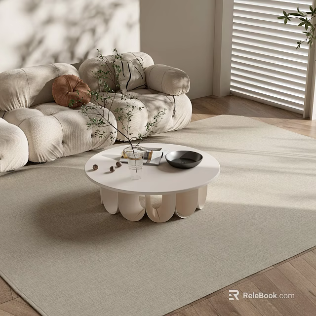 White Round Coffee Table With Green Plant Books And Black Bowl In Modern Living Room 3d model 